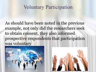 Voluntary Participation
As should have been noted in the previous
example, not only did the researchers seek
to obtain consent, they also informed
prospective respondents that participation
was voluntary
 