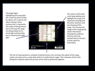 The bright lights highlighting the song titles fits in with the them of Plan B s album, this is due to the album having a show business feel. It represents the reality of being famous due to the way the songs are being related as his privet light and how they are on show by the bright light.The colours of the back cover keep adding up to highlight the songs, this represents striping back the other attention and just showing of the songs. This conveys the image of the songs giving all the information showing the audience that the artist has worked hard on the lyric as they speck for themselves.The line of song represent a schedule of performances, this connotes the aspect of the songs create a journey such as a play does when it is performed on stage. This is because of the artist telling the audience about the journey of him and his girlfriends together.