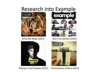 Research into Example



   What We Made (2007)           Won’t Go Quietly (2010)




Playing in the Shadows (2011)   The Evolution of Man (2012)
 