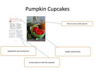 Pumpkin Cupcakes
Bright coloured textIngredients and introduction
There is also a clear picture
6 easy steps to make the cupcakes
 