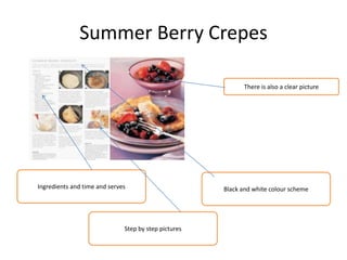 Summer Berry Crepes
Black and white colour schemeIngredients and time and serves
There is also a clear picture
Step by step pictures
 