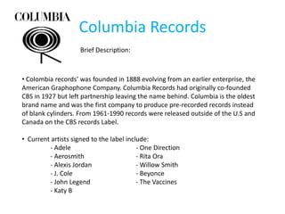 Columbia Records
                     Brief Description:



• Colombia records’ was founded in 1888 evolving from an earlier enterprise, the
American Graphophone Company. Columbia Records had originally co-founded
CBS in 1927 but left partnership leaving the name behind. Columbia is the oldest
brand name and was the first company to produce pre-recorded records instead
of blank cylinders. From 1961-1990 records were released outside of the U.S and
Canada on the CBS records Label.

• Current artists signed to the label include:
         - Adele                          - One Direction
         - Aerosmith                      - Rita Ora
         - Alexis Jordan                  - Willow Smith
         - J. Cole                        - Beyonce
         - John Legend                    - The Vaccines
         - Katy B
 