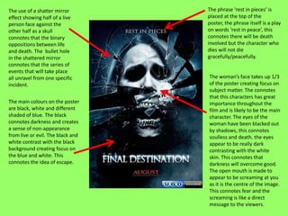 The use of a shatter mirror        The phrase ‘rest in pieces’ is
effect showing half of a live      placed at the top of the
person face against the            poster, the phrase itself is a play
other half as a skull              on words ‘rest in peace’, this
connotes that the binary           connotes there will be death
oppositions between life           involved but the character who
and death. The bullet hole         dies will not die
in the shattered mirror            gracefully/peacefully.
connotes that the series of
events that will take place
all unravel from one specific      The woman’s face takes up 1/3
incident.                          of the poster creating focus on
                                   subject matter. The connotes
                                   that this characters has great
The main colours on the poster     importance throughout the
are black, white and different     film and is likely to be the main
shaded of blue. The black          character. The eyes of the
connotes darkness and creates      woman have been blacked out
a sense of non-appearance          by shadows, this connotes
from live or evil. The black and   soulless and death. the eyes
white contrast with the black      appear to be really dark
background creating focus on       contrasting with the white
the blue and white. This           skin. This connotes that
connotes the idea of escape.       darkness will overcome good.
                                   The open mouth is made to
                                   appear to be screaming at you
                                   as it is the centre of the image.
                                   This connotes fear and the
                                   screaming is like a direct
                                   message to the viewers.
 