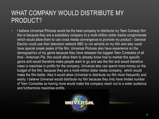 WHAT COMPANY WOULD DISTRIBUTE MY
PRODUCT?
•   I believe Universal Pictures would be the best company to distribute my Teen Comedy film
    this is because they are a subsidiary company to a multi-million dollar media conglomerate
    which would allow them to use cross media convergence to promote my product - General
    Electric could use their television network NBC to run adverts on my film and also could
    have special sneak peaks of the film. Universal Pictures also have experience on the
    demographics of my genre because they have released the biggest Teen Comedies of all
    time - American Pie, this would allow them to already know how to market this specific
    genre and would therefore make people want to go and see the film and would therefore
    mean a maximise in profits for the company. Universal also can spend more money on the
    budget of the film, because they are a multi-million dollar media company, which would
    make the film better. Also it would allow Universal to distribute my film more frequently and
    easily. I believe Universal would distribute my film because they only have limited number
    of Teen Comedies so having more would make the company reach out to a wider audience
    and furthermore maximise profits.




                                                                                                    6
 