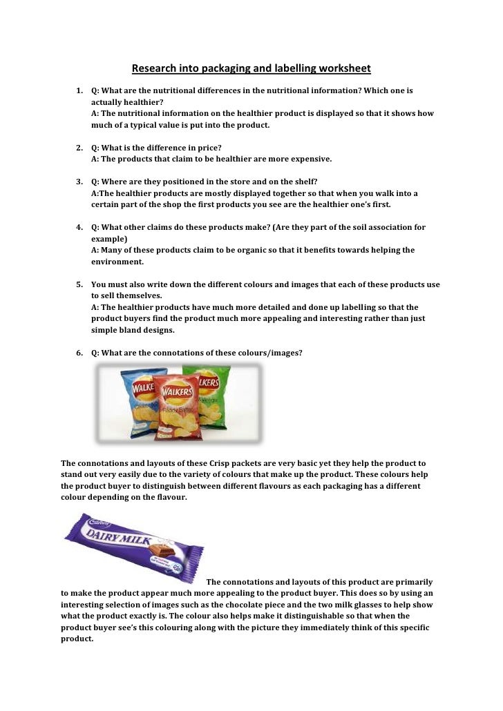 Research into packaging and labelling worksheet