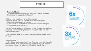 TWITTER
• Promoted Posts
Promoted tweets or promoted accounts - placed between
timelines or in ‘suggested followers’.
. Videos = no. 1 platform for seeking videos,
2.5 more replies, 2.8 RTs, 1.9 likes than non-video posts.
- 220x more growth over 12 months
- 6x more likely to be RTd than photos and 3x more than gifs
- 53% more personal relevance
- 64% of twitter audience influenced to buy through the platform
. Hashtag = 2x more likely to receive engagement / - no more
than 2 or decreases
* Life span of a tweet = 24 mins / Life span of a Facebook post =
90 mins
. Organic reach
- more things are engaged with, e.g. RTed, the more it is shared in
the algorithm of ‘in case you missed it’ specifically with people
each other follow. E.g. what they RT / like is placed there.
 