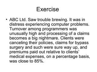 Exercise
• ABC Ltd. Saw trouble brewing. It was in
  distress experiencing computer problems.
  Turnover among programmers was
  unusually high and processing of a claims
  becomes a big nightmare. Clients were
  canceling their policies, claims for bypass
  surgery and such were sure way up, and
  premiums paid out relative to clients’
  medical expenses, on a percentage basis,
  was close to 85%.
 