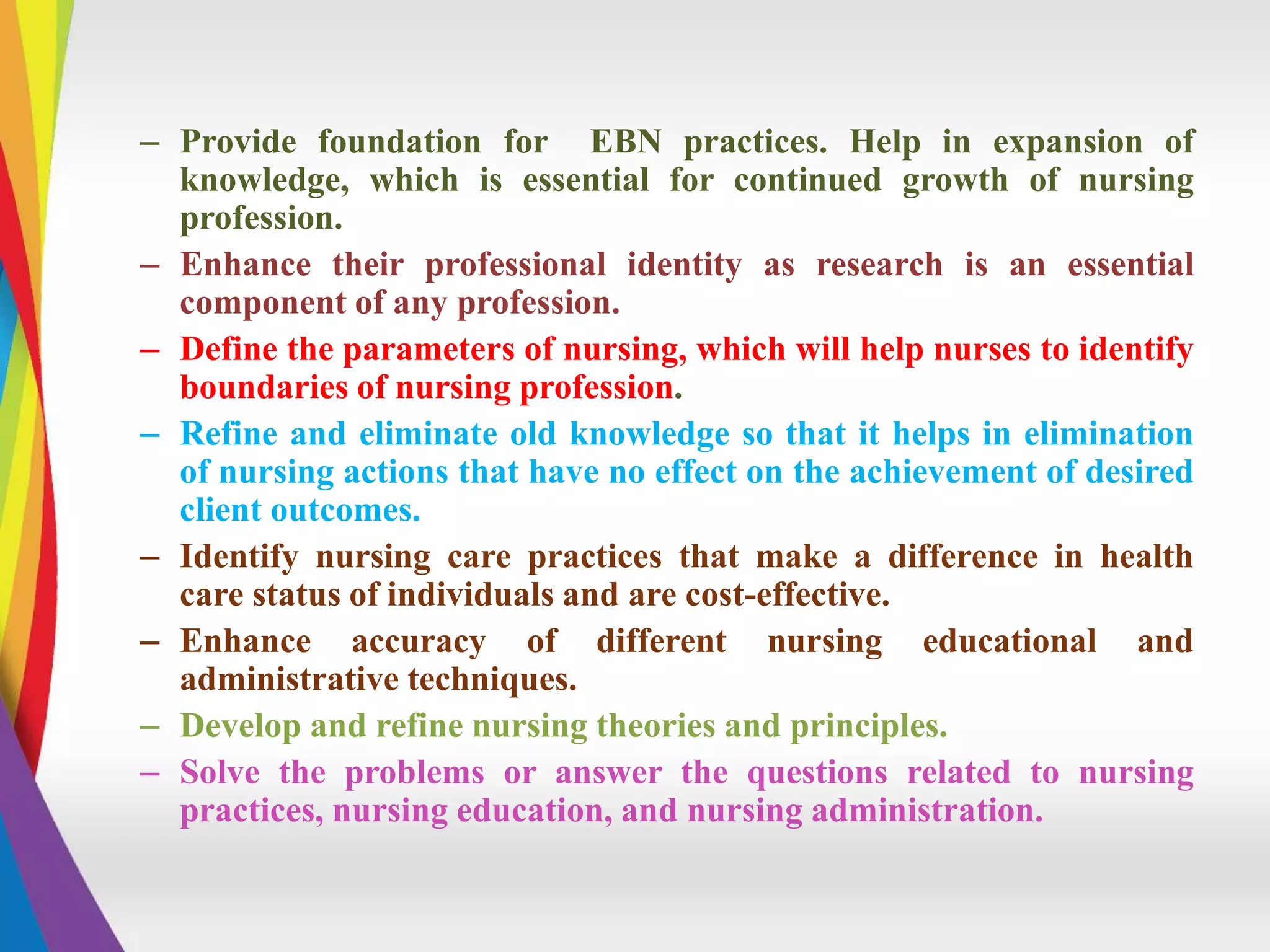 – Provide foundation for EBN practices. Help in expansion of
knowledge, which is essential for continued growth of nursing
profession.
– Enhance their professional identity as research is an essential
component of any profession.
– Define the parameters of nursing, which will help nurses to identify
boundaries of nursing profession.
– Refine and eliminate old knowledge so that it helps in elimination
of nursing actions that have no effect on the achievement of desired
client outcomes.
– Identify nursing care practices that make a difference in health
care status of individuals and are cost-effective.
– Enhance accuracy of different nursing educational and
administrative techniques.
– Develop and refine nursing theories and principles.
– Solve the problems or answer the questions related to nursing
practices, nursing education, and nursing administration.
 