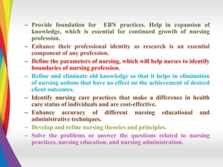 – Provide foundation for EBN practices. Help in expansion of
knowledge, which is essential for continued growth of nursing
profession.
– Enhance their professional identity as research is an essential
component of any profession.
– Define the parameters of nursing, which will help nurses to identify
boundaries of nursing profession.
– Refine and eliminate old knowledge so that it helps in elimination
of nursing actions that have no effect on the achievement of desired
client outcomes.
– Identify nursing care practices that make a difference in health
care status of individuals and are cost-effective.
– Enhance accuracy of different nursing educational and
administrative techniques.
– Develop and refine nursing theories and principles.
– Solve the problems or answer the questions related to nursing
practices, nursing education, and nursing administration.
 