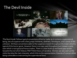 The Devil Inside




‘The Devil Inside’ follows typical conventions of horror trailer as it contains a supernatural
being, lots of suspense with a few jumpy moments, darkness, blood/gore, and a sense of the
unknown. All these conventions adds to the suspense created throughout the trailer which is
typical of the horror genre. However there is no copy used throughout but instead a voice
over which is not typical of horror trailers. There is a slow build up and faced pace action
towards the end which follows FREYTAGS theory of narrative. Women are also seen as the
victim but also the main character which links to the representation theories of women either
being vulnerable or overcoming the supernatural force.
 
