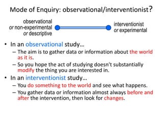 Mode of Enquiry: observational/interventionist?
observational
or non-experimental
or descriptive

interventionist
or experimental

• In an observational study…
– The aim is to gather data or information about the world
as it is.
– So you hope the act of studying doesn't substantially
modify the thing you are interested in.

• In an interventionist study…
– You do something to the world and see what happens.
– You gather data or information almost always before and
after the intervention, then look for changes.

 
