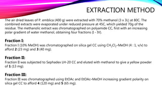 EXTRACTION METHOD
The air dried leaves of P. emblica (400 g) were extracted with 70% methanol (3 x 3L) at 80C. The
combined extracts were evaporated under reduced pressure at 45C, which yielded 70g of the
residue. The methanolic extract was chromatographed on polyamide CC, first with an increasing
polar gradient of water methanol, obtaining four fractions (I - IV).
Fraction I:
Fraction I (10% MeOH) was chromatographed on silica gel CC using CH2Cl2–MeOH (4 : 1, v/v) to
afford 2 (23 mg) and 3 (40 mg).
Fraction II:
Fraction II was subjected to Sephadex LH-20 CC and eluted with methanol to give a yellow powder
of 1 (13 mg).
Fraction III:
Fraction III was chromatographed using EtOAc and EtOAc–MeOH increasing gradient polarity on
silica gel CC to afford 4 (120 mg) and 5 (65 mg).
 
