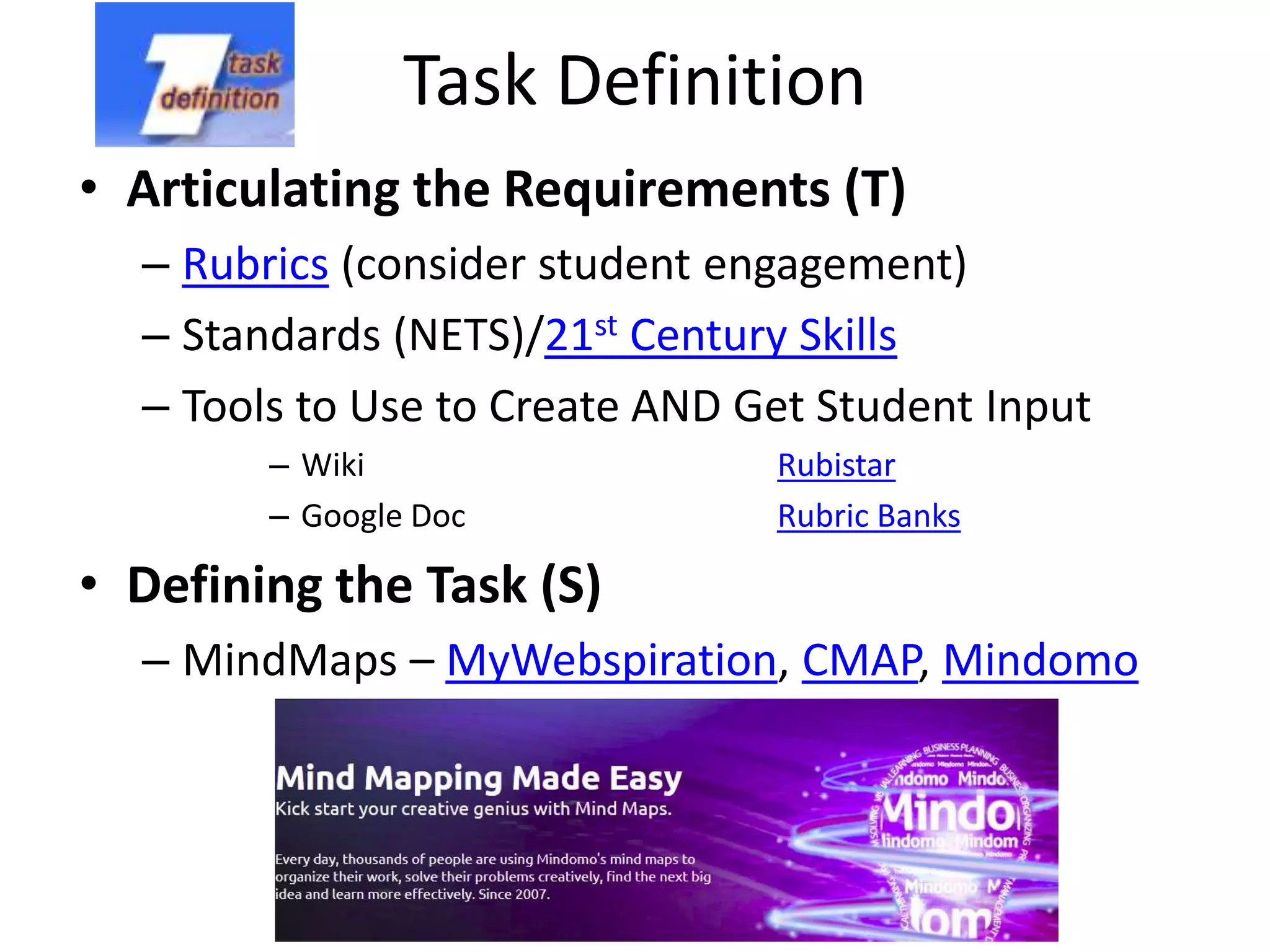 Task DefinitionArticulating the Requirements (T)Rubrics (consider student engagement)Standards (NETS)/21st Century SkillsTools to Use to Create AND Get Student InputWiki							RubistarGoogle Doc					Rubric BanksDefining the Task (S)MindMaps – MyWebspiration, CMAP, Mindomo