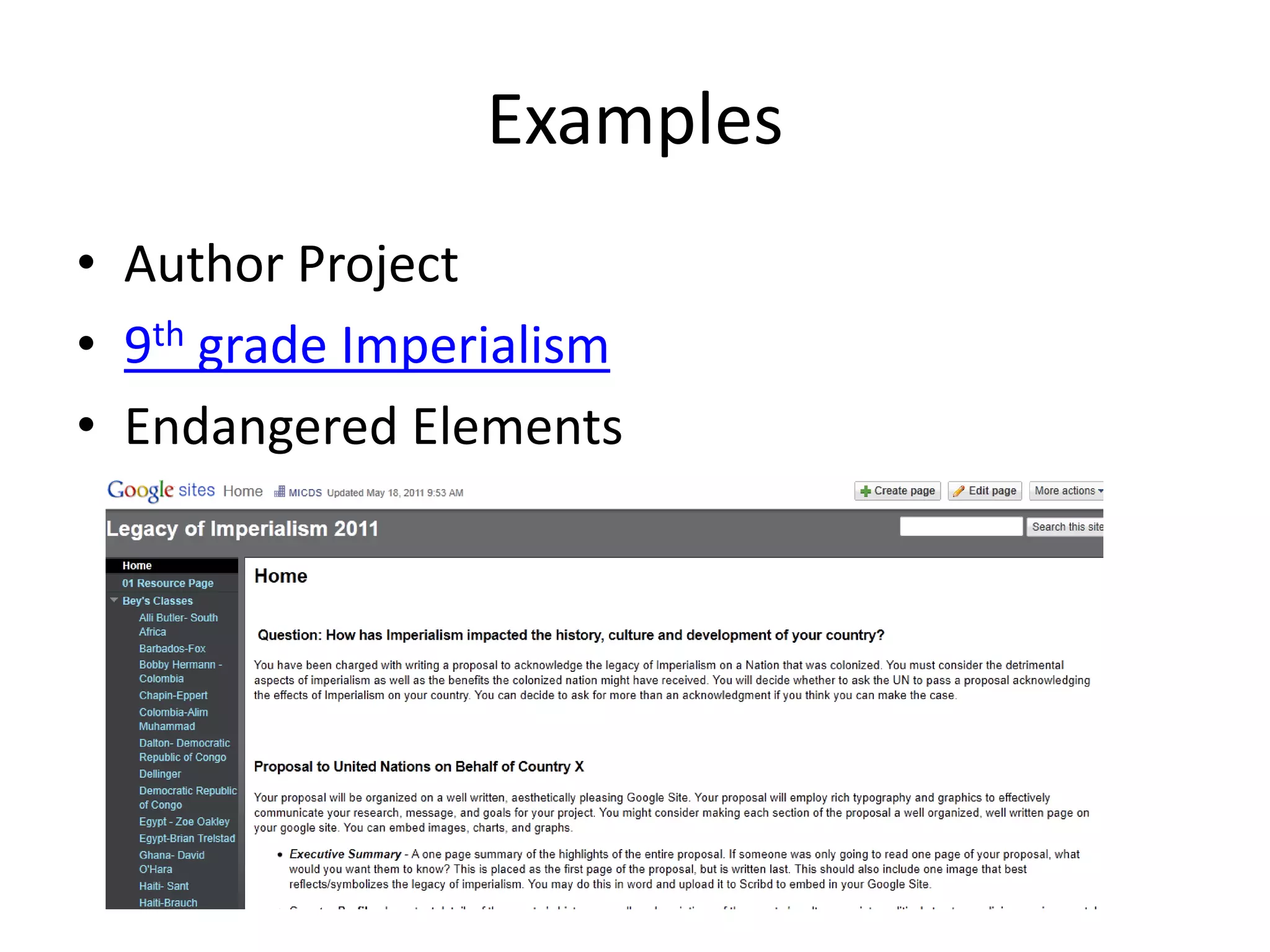 ExamplesAuthor Project9th grade ImperialismEndangered Elements