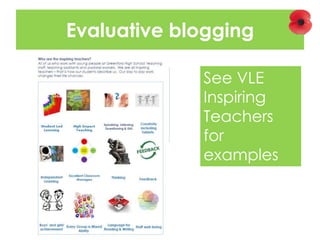 Evaluative blogging
See VLE
Inspiring
Teachers
for
examples
 
