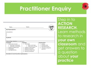 Practitioner Enquiry
Step in to
ACTION
RESEARCH.
Learn methods
to research in
your own
classroom and
get answers to
a question
about your
practice
 