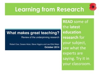 Learning from Research
READ some of
the latest
education
research for
your subject,
see what the
experts are
saying. Try it in
your classroom.
 