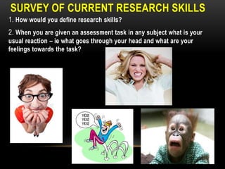SURVEY OF CURRENT RESEARCH SKILLS
1. How would you define research skills?
2. When you are given an assessment task in any subject what is your
usual reaction – ie what goes through your head and what are your
feelings towards the task?

 
