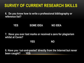 SURVEY OF CURRENT RESEARCH SKILLS
6. Do you know how to write a professional bibliography or
reference list?
YES

SOME IDEA

NO IDEA

7. Have you ever lost marks or received a zero for plagiarism
whilst at Covie?

YES

NO

8. Have you „cut-and-pasted‟ directly from the Internet but never
been caught?
YES

 