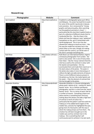 Research Log
Photographer Website Comment
Iain Crawford http://iaincrawford.co
m/
Crawford is a photographer grew up in Africa
and Malaysia. His career has lead him to work
for some of the world’s top brands in beauty
and cosmetics. He is renounced for “strong
graphic and textural quality, often searching
out the graphical symmetry in chaos”. I
particularly like this shot that Crawford took as
part of a collection of different shoots that his
conducted like this. I like the chaos in the
photo and how the makeup is seen ‘splattered’
everywhere on the, yet it’s toned down with
sterile background. This in turn has also
allowed the makeup to stand out more. I like
the way the model has not been lost in the
photo either as her eyes, though not making
contact with the camera, can still be seen in
the shot in amongst everything else.
Ruth Rose http://www.ruthrose.c
o.uk/
Ruth Rose is an international fashion, lingerie
and beauty photographer from London. Her
work is very varied - this is one of many shots
that I liked. I like the ‘messy’ element that this
shot has as well as the contrast in colour with
the lipstick and eyeshadow – this has
accentuated them and made them stand out in
the dark colours of the photo. The water in
the photo also makes it more interesting as it
reflects the light and adds elements of texture.
There is a lot of different textures present in
this photo e.g. the hair, the matte lipstick and
the water – I like the element of contrast that
this has brought to the photo.
Alexander Khokhlov http://alexanderkhokh
lov.com/
Alexander Khokhlov is a Russian photography
whose work I admire at lot – namely his ‘weird
beauty’ series. He is a fashion and beauty
photography, and this is a shot from the ‘weird
beauty’ series. This is a series of work I like for
a number of reasons. Everything is black and
white and this is something that I find very
striking about the photos and adds a high level
of contrast in terms of colour too. I
particularly like the pattern used here with the
makeup as it has added weird angels on the
models face, and also has highlighted the eyes,
giving more of a focal point, with the way in
which the makeup draws out from them. The
emotion has still been brought out in the
models eyes and has not been lost in the
makeup - this is something that I will
continuously want to achieve in my own work.
 