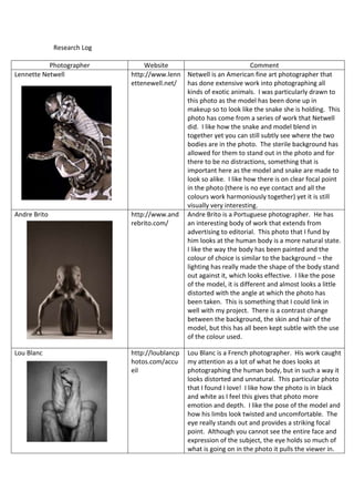 Research Log
Photographer Website Comment
Lennette Netwell http://www.lenn
ettenewell.net/
Netwell is an American fine art photographer that
has done extensive work into photographing all
kinds of exotic animals. I was particularly drawn to
this photo as the model has been done up in
makeup so to look like the snake she is holding. This
photo has come from a series of work that Netwell
did. I like how the snake and model blend in
together yet you can still subtly see where the two
bodies are in the photo. The sterile background has
allowed for them to stand out in the photo and for
there to be no distractions, something that is
important here as the model and snake are made to
look so alike. I like how there is on clear focal point
in the photo (there is no eye contact and all the
colours work harmoniously together) yet it is still
visually very interesting.
Andre Brito http://www.and
rebrito.com/
Andre Brito is a Portuguese photographer. He has
an interesting body of work that extends from
advertising to editorial. This photo that I fund by
him looks at the human body is a more natural state.
I like the way the body has been painted and the
colour of choice is similar to the background – the
lighting has really made the shape of the body stand
out against it, which looks effective. I like the pose
of the model, it is different and almost looks a little
distorted with the angle at which the photo has
been taken. This is something that I could link in
well with my project. There is a contrast change
between the background, the skin and hair of the
model, but this has all been kept subtle with the use
of the colour used.
Lou Blanc http://loublancp
hotos.com/accu
eil
Lou Blanc is a French photographer. His work caught
my attention as a lot of what he does looks at
photographing the human body, but in such a way it
looks distorted and unnatural. This particular photo
that I found I love! I like how the photo is in black
and white as I feel this gives that photo more
emotion and depth. I like the pose of the model and
how his limbs look twisted and uncomfortable. The
eye really stands out and provides a striking focal
point. Although you cannot see the entire face and
expression of the subject, the eye holds so much of
what is going on in the photo it pulls the viewer in.
 