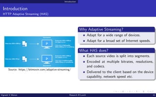 Introduction
Introduction
HTTP Adaptive Streaming (HAS)
Source: https://bitmovin.com/adaptive-streaming/
Why Adaptive Streaming?
Adapt for a wide range of devices.
Adapt for a broad set of Internet speeds.
What HAS does?
Each source video is split into segments.
Encoded at multiple bitrates, resolutions,
and codecs.
Delivered to the client based on the device
capability, network speed etc.
Vignesh V Menon Research @ Lunch 11
 