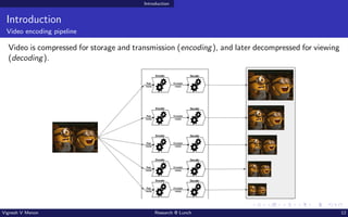 Introduction
Introduction
Video encoding pipeline
Video is compressed for storage and transmission (encoding), and later decompressed for viewing
(decoding).
Vignesh V Menon Research @ Lunch 12
 