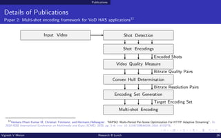 Publications
Details of Publications
Paper 2: Multi-shot encoding framework for VoD HAS applications12
Input Video Shot Detection
Shot Encodings
Video Quality Measure
Convex Hull Determination
Encoding Set Generation
Multi-shot Encoding
Encoded Shots
Bitrate Quality Pairs
Bitrate Resolution Pairs
Target Encoding Set
12
Venkata Phani Kumar M, Christian Timmerer, and Hermann Hellwagner. “MiPSO: Multi-Period Per-Scene Optimization For HTTP Adaptive Streaming”. In:
2020 IEEE International Conference on Multimedia and Expo (ICME). 2020, pp. 1–6. doi: 10.1109/ICME46284.2020.9102775.
Vignesh V Menon Research @ Lunch 26
 