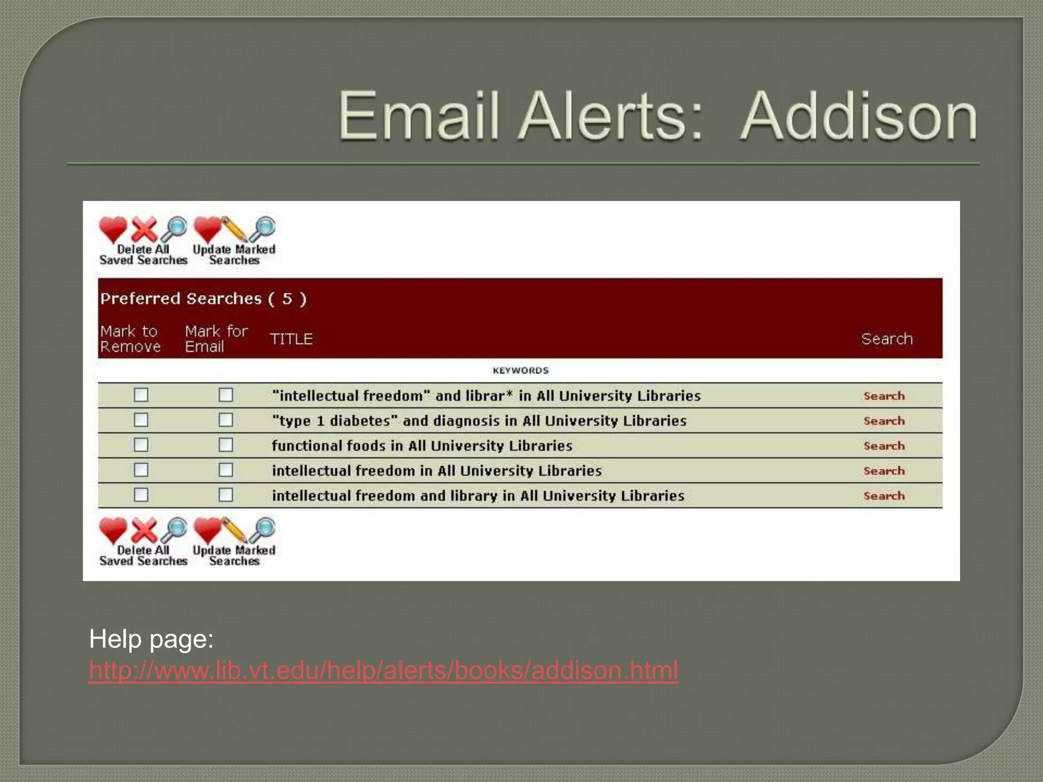 Help page:
http://www.lib.vt.edu/help/alerts/books/addison.html
 