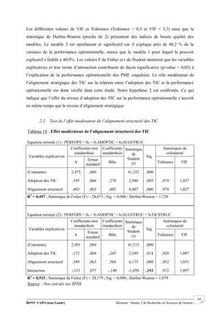 BONY YAPO Jean Landry Mémoire / Master 2 de Recherche en Sciences de Gestion
------------------------------------------------------------------------------------------------------------------------------------------------------- 64
Les différentes valeurs de VIF et Tolérance (Tolérance > 0,3 et VIF < 3,3) ainsi que la
statistique de Durbin-Waston (proche de 2) présentent des indices de bonne qualité des
modèles. Le modèle 2 est satisfaisant et significatif car il explique près de 48,2 % de la
variance de la performance opérationnelle, mieux que le modèle 1 pour lequel le pouvoir
explicatif s’établit à 40,9%. Les valeurs F de Fisher et t de Student montrent que les variables
explicatives et leur terme d’interaction contribuent de façon significative (p-value < 0,05) à
l’explication de la performance opérationnelle des PME enquêtées. Le rôle modérateur de
l’alignement stratégique des TIC sur la relation entre l’adoption des TIC et la performance
opérationnelle est donc vérifié dans cette étude. Notre hypothèse 2 est confirmée. Ce qui
indique que l’effet du niveau d’adoption des TIC sur la performance opérationnelle s’accroît
en même temps que le niveau d’alignement stratégique.
2.2. Test de l’effet modérateur de l’alignement structurel des TIC
Tableau 18 : Effet modérateur de l’alignement structurel des TIC
Equation estimée (1) : PERFOPE = b0 + b1ADOPTIC + b2ALGSTRUC
Variables explicatives
Coefficients non
standardisés
Coefficients
standardisés
Statistique
de
Student
(t)
Sig.
Statistiques de
colinéarité
A
Erreur
standard
Bêta Tolérance VIF
(Constante) 2,475 ,060 41,352 ,000
Adoption des TIC ,195 ,066 ,278 2,946 ,005 ,974 1,027
Alignement structurel ,403 ,063 ,605 6,407 ,000 ,974 1,027
R2
= 0,497 ; Statistique de Fisher (F) = 28,673 ; Sig. = 0,000 ; Durbin-Waston = 1,729
Equation estimée (2) : PERFOPE = b0 + b1ADOPTIC + b2ALGSTRUC + b3TICSTRUC
Variables explicatives
Coefficients non
standardisés
Coefficients
standardisés
Statistique
de
Student
(t)
Sig.
Statistiques de
colinéarité
A
Erreur
standard
Bêta Tolérance VIF
(Constante) 2,491 ,060 41,313 ,000
Adoption des TIC ,172 ,068 ,245 2,549 ,014 ,920 1,087
Alignement structurel ,389 ,063 ,584 6,175 ,000 ,952 1,051
Interaction -,111 ,077 -,140 -1,450 ,153 ,912 1,097
R2
= 0,515 ; Statistique de Fisher (F) = 20,179 ; Sig. = 0,000 ; Durbin-Waston = 1,879
Source : Nos calculs sur SPSS
 
