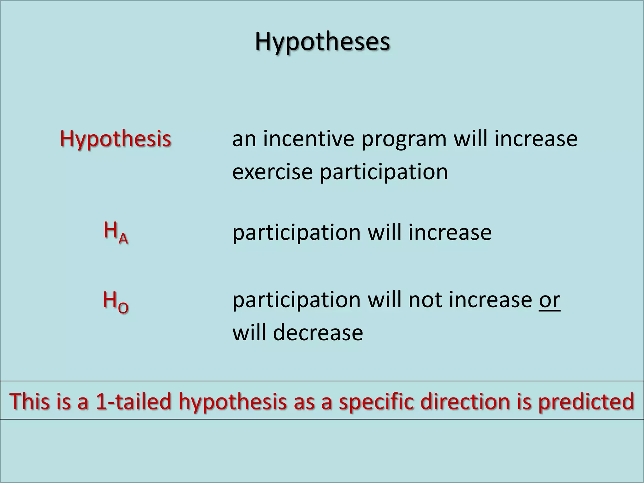 Hypotheses
Hypothesis an incentive program will increase
exercise participation
HA participation will increase
HO participation will not increase or
will decrease
This is a 1-tailed hypothesis as a specific direction is predicted
 