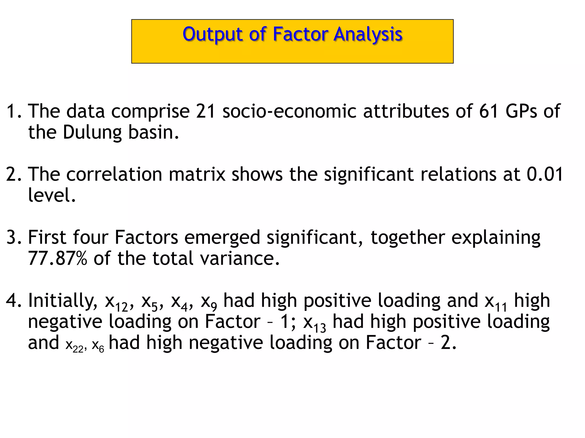 Output of Factor Analysis
1. The data comprise 21 socio-economic attributes of 61 GPs of
the Dulung basin.
2. The correlation matrix shows the significant relations at 0.01
level.
3. First four Factors emerged significant, together explaining
77.87% of the total variance.
4. Initially, x12, x5, x4, x9 had high positive loading and x11 high
negative loading on Factor – 1; x13 had high positive loading
and x22, x6 had high negative loading on Factor – 2.
 