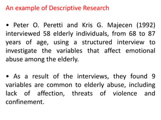 An example of Descriptive Research
• Peter O. Peretti and Kris G. Majecen (1992)
interviewed 58 elderly individuals, from 68 to 87
years of age, using a structured interview to
investigate the variables that affect emotional
abuse among the elderly.
• As a result of the interviews, they found 9
variables are common to elderly abuse, including
lack of affection, threats of violence and
confinement.
 