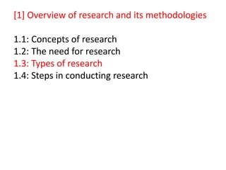 [1] Overview of research and its methodologies
1.1: Concepts of research
1.2: The need for research
1.3: Types of research
1.4: Steps in conducting research
 