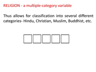 RELIGION - a multiple-category variable
Thus allows for classification into several different
categories- Hindu, Christian, Muslim, Buddhist, etc.
 