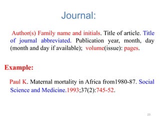 Journal:
Author(s) Family name and initials. Title of article. Title
of journal abbreviated. Publication year, month, day
(month and day if available); volume(issue): pages.
Example:
Paul K. Maternal mortality in Africa from1980-87. Social
Science and Medicine.1993;37(2):745-52.
23
 