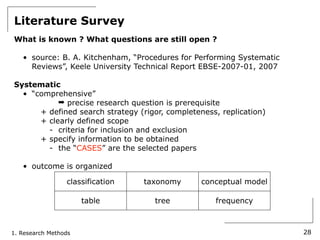 Literature Survey
What is known ? What questions are still open ?

   • source: B. A. Kitchenham, “Procedures for Performing Systematic
     Reviews”, Keele University Technical Report EBSE-2007-01, 2007

Systematic
  • “comprehensive”
           ➡ precise research question is prerequisite
      + defined search strategy (rigor, completeness, replication)
      + clearly defined scope
        - criteria for inclusion and exclusion
      + specify information to be obtained
        - the “CASES” are the selected papers

   • outcome is organized

                 classification   taxonomy       conceptual model

                      table         tree            frequency



1. Research Methods                                                    28
 