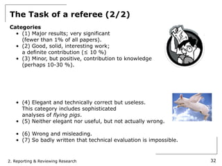 The Task of a referee (2/2)
Categories
  • (1) Major results; very significant
    (fewer than 1% of all papers).
  • (2) Good, solid, interesting work;
    a definite contribution (≤ 10 %)
  • (3) Minor, but positive, contribution to knowledge
    (perhaps 10-30 %).




   • (4) Elegant and technically correct but useless.
     This category includes sophisticated
     analyses of flying pigs.
   • (5) Neither elegant nor useful, but not actually wrong.

   • (6) Wrong and misleading.
   • (7) So badly written that technical evaluation is impossible.



2. Reporting & Reviewing Research                                    32
 