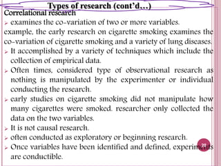 Correlational research
 examines the co-variation of two or more variables.
example, the early research on cigarette smoking examines the
co-variation of cigarette smoking and a variety of lung diseases.
 It accomplished by a variety of techniques which include the
collection of empirical data.
 Often times, considered type of observational research as
nothing is manipulated by the experimenter or individual
conducting the research.
 early studies on cigarette smoking did not manipulate how
many cigarettes were smoked. researcher only collected the
data on the two variables.
 It is not causal research.
 often conducted as exploratory or beginning research.
 Once variables have been identified and defined, experiments
are conductible.
20
Types of research (cont’d…)
 