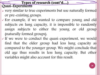 Quasi-Experiments
 very similar to true experiments but use naturally formed
or pre-existing groups.
 For example, if we wanted to compare young and old
subjects on lung capacity, it is impossible to randomly
assign subjects to either the young or old group
(naturally formed groups).
 If we were to conduct the quasi-experiment, we would
find that the older group had less lung capacity as
compared to the younger group. We might conclude that
old age thus results in less lung capacity. But other
variables might also account for this result.
20
Types of research (cont’d…)
 
