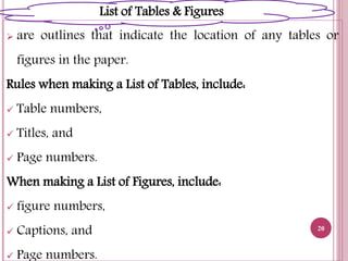  are outlines that indicate the location of any tables or
figures in the paper.
Rules when making a List of Tables, include:
 Table numbers,
 Titles, and
 Page numbers.
When making a List of Figures, include:
 figure numbers,
 Captions, and
 Page numbers.
20
List of Tables & Figures
 