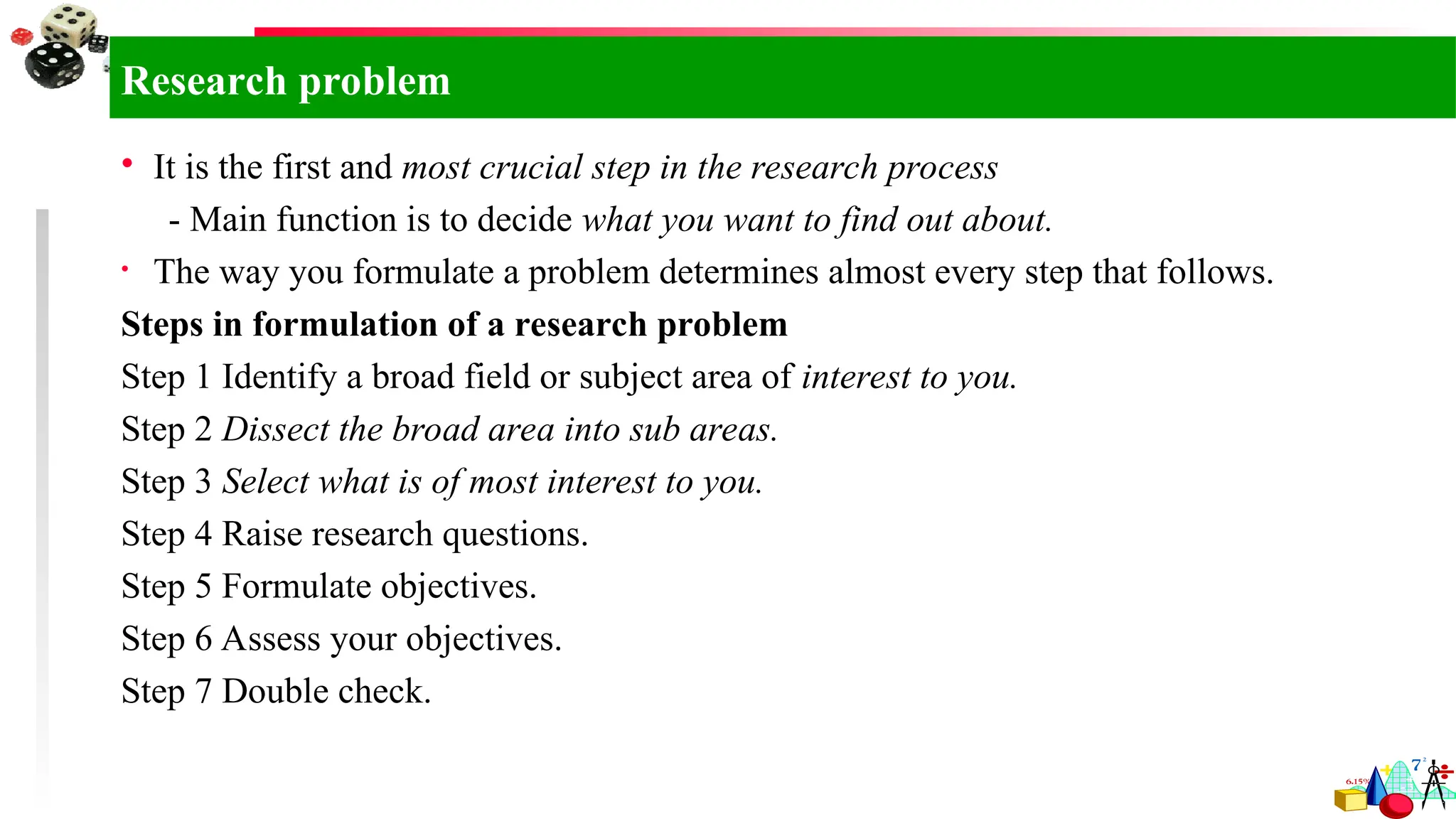 Research problem
 It is the first and most crucial step in the research process
- Main function is to decide what you want to find out about.
• The way you formulate a problem determines almost every step that follows.
Steps in formulation of a research problem
Step 1 Identify a broad field or subject area of interest to you.
Step 2 Dissect the broad area into sub areas.
Step 3 Select what is of most interest to you.
Step 4 Raise research questions.
Step 5 Formulate objectives.
Step 6 Assess your objectives.
Step 7 Double check.
 