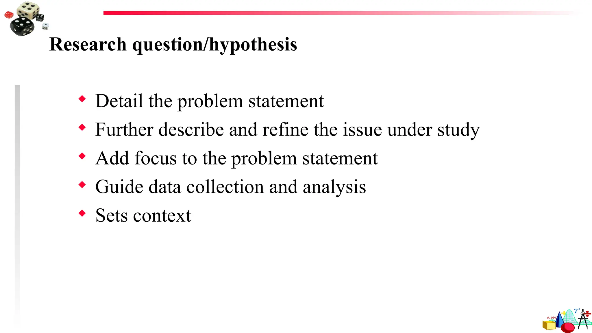 Research question/hypothesis
 Detail the problem statement
 Further describe and refine the issue under study
 Add focus to the problem statement
 Guide data collection and analysis
 Sets context
 