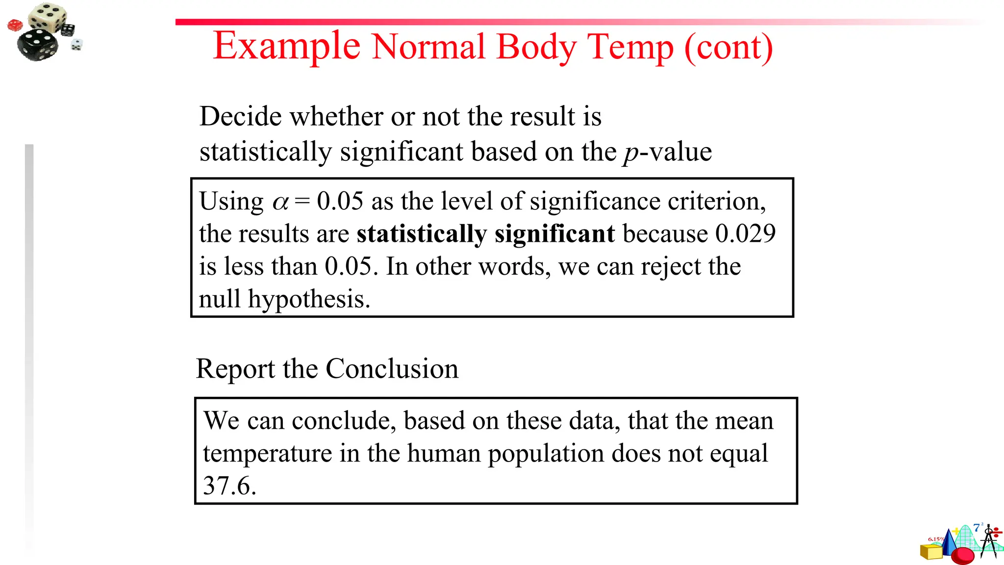 Example Normal Body Temp (cont)
Decide whether or not the result is
statistically significant based on the p-value
Using  = 0.05 as the level of significance criterion,
the results are statistically significant because 0.029
is less than 0.05. In other words, we can reject the
null hypothesis.
Report the Conclusion
We can conclude, based on these data, that the mean
temperature in the human population does not equal
37.6.
 