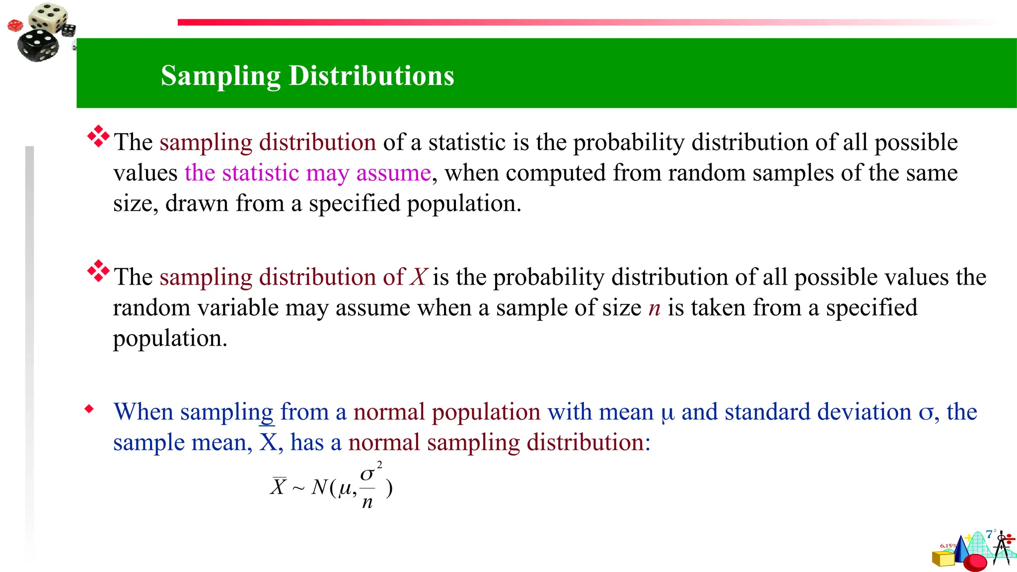 Sampling Distributions
The sampling distribution of a statistic is the probability distribution of all possible
values the statistic may assume, when computed from random samples of the same
size, drawn from a specified population.
The sampling distribution of X is the probability distribution of all possible values the
random variable may assume when a sample of size n is taken from a specified
population.
 When sampling from a normal population with mean  and standard deviation , the
sample mean, X, has a normal sampling distribution:
X N
n
~ ( , )


2
 