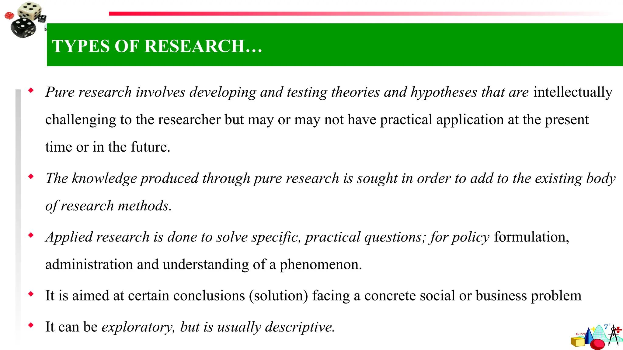  Pure research involves developing and testing theories and hypotheses that are intellectually
challenging to the researcher but may or may not have practical application at the present
time or in the future.
 The knowledge produced through pure research is sought in order to add to the existing body
of research methods.
 Applied research is done to solve specific, practical questions; for policy formulation,
administration and understanding of a phenomenon.
 It is aimed at certain conclusions (solution) facing a concrete social or business problem
 It can be exploratory, but is usually descriptive.
TYPES OF RESEARCH…
 