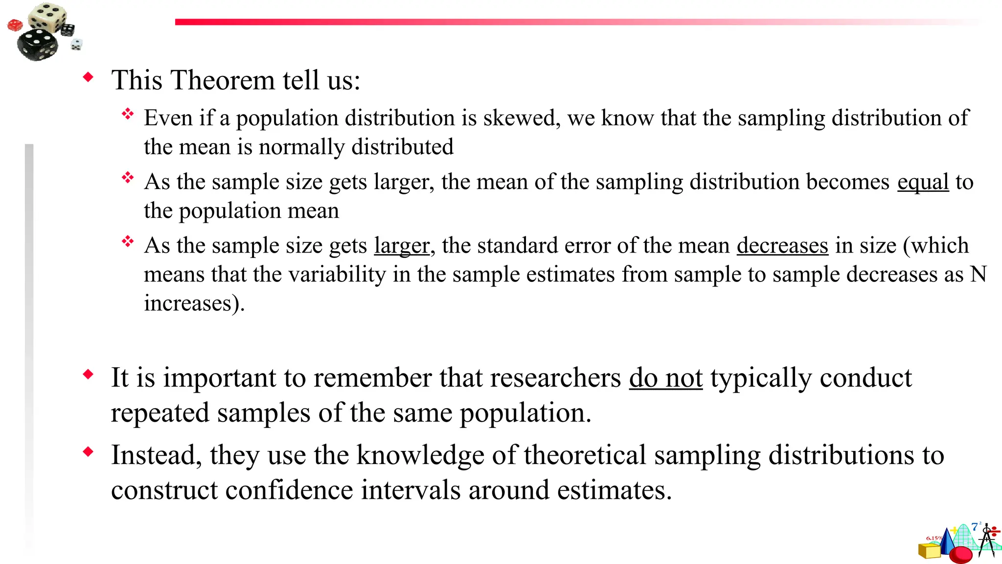  This Theorem tell us:
 Even if a population distribution is skewed, we know that the sampling distribution of
the mean is normally distributed
 As the sample size gets larger, the mean of the sampling distribution becomes equal to
the population mean
 As the sample size gets larger, the standard error of the mean decreases in size (which
means that the variability in the sample estimates from sample to sample decreases as N
increases).
 It is important to remember that researchers do not typically conduct
repeated samples of the same population.
 Instead, they use the knowledge of theoretical sampling distributions to
construct confidence intervals around estimates.
 