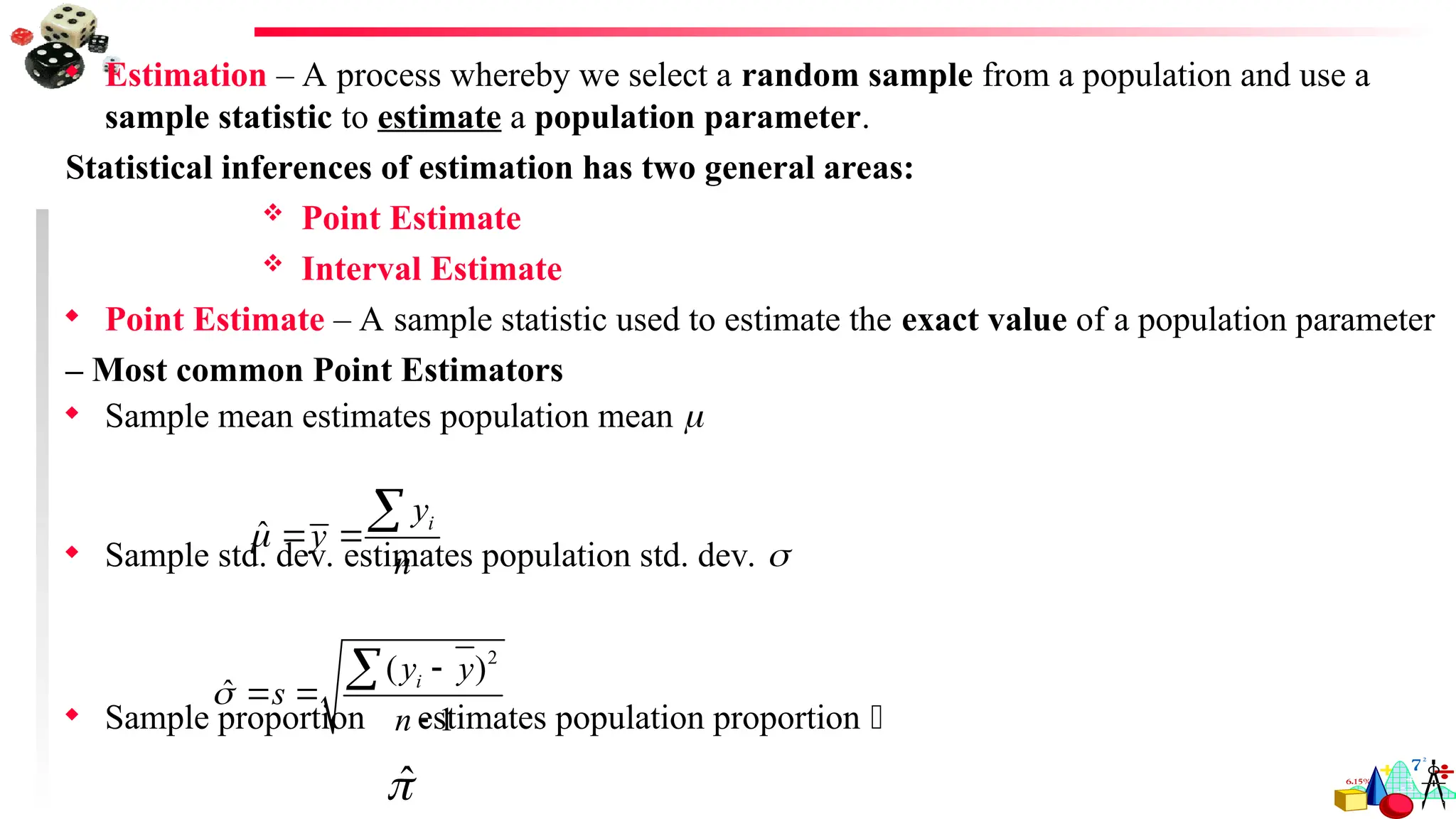  Estimation – A process whereby we select a random sample from a population and use a
sample statistic to estimate a population parameter.
Statistical inferences of estimation has two general areas:
 Point Estimate
 Interval Estimate
 Point Estimate – A sample statistic used to estimate the exact value of a population parameter
– Most common Point Estimators
 Sample mean estimates population mean 
 Sample std. dev. estimates population std. dev. 
 Sample proportion estimates population proportion 
ˆ i
y
y
n
  

2
( )
ˆ
1
i
y y
s
n


 


ˆ

 