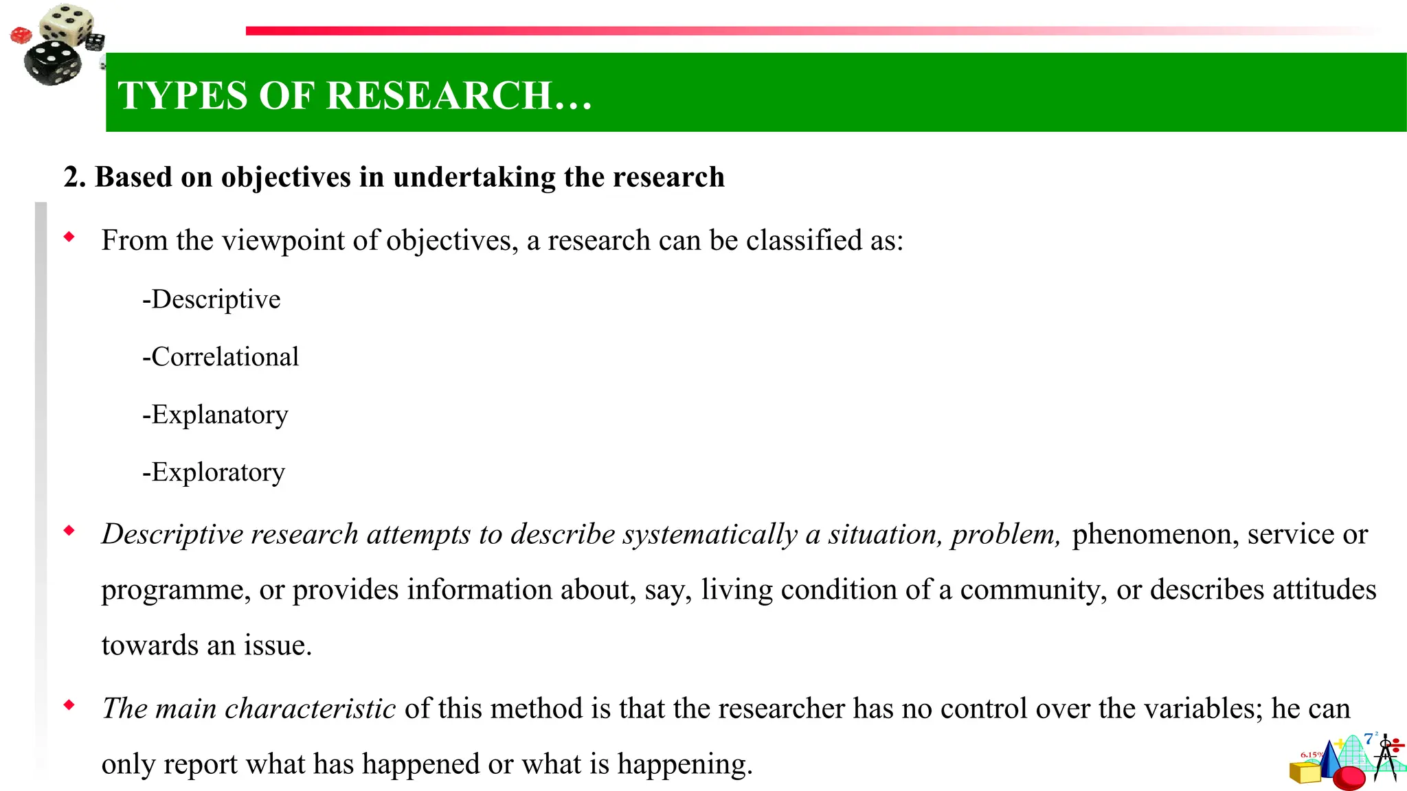 2. Based on objectives in undertaking the research
 From the viewpoint of objectives, a research can be classified as:
-Descriptive
-Correlational
-Explanatory
-Exploratory
 Descriptive research attempts to describe systematically a situation, problem, phenomenon, service or
programme, or provides information about, say, living condition of a community, or describes attitudes
towards an issue.
 The main characteristic of this method is that the researcher has no control over the variables; he can
only report what has happened or what is happening.
TYPES OF RESEARCH…
 