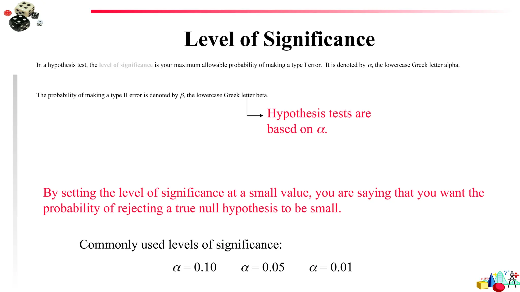 Level of Significance
In a hypothesis test, the level of significance is your maximum allowable probability of making a type I error. It is denoted by , the lowercase Greek letter alpha.
The probability of making a type II error is denoted by , the lowercase Greek letter beta.
By setting the level of significance at a small value, you are saying that you want the
probability of rejecting a true null hypothesis to be small.
Commonly used levels of significance:
 = 0.10  = 0.05  = 0.01
Hypothesis tests are
based on .
 